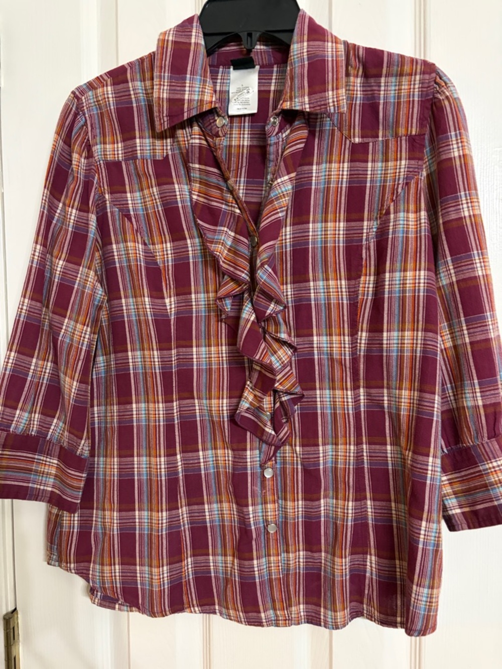 Bila Burgundy Plaid Ruffle-Front pearl snap Shirt